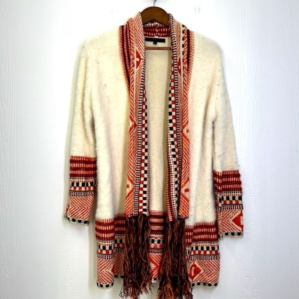 MAX SPORT - Ivory & Orange Long Boho Peruvian Fringe Beautiful Open Cardigan M - Picture 10 of 13